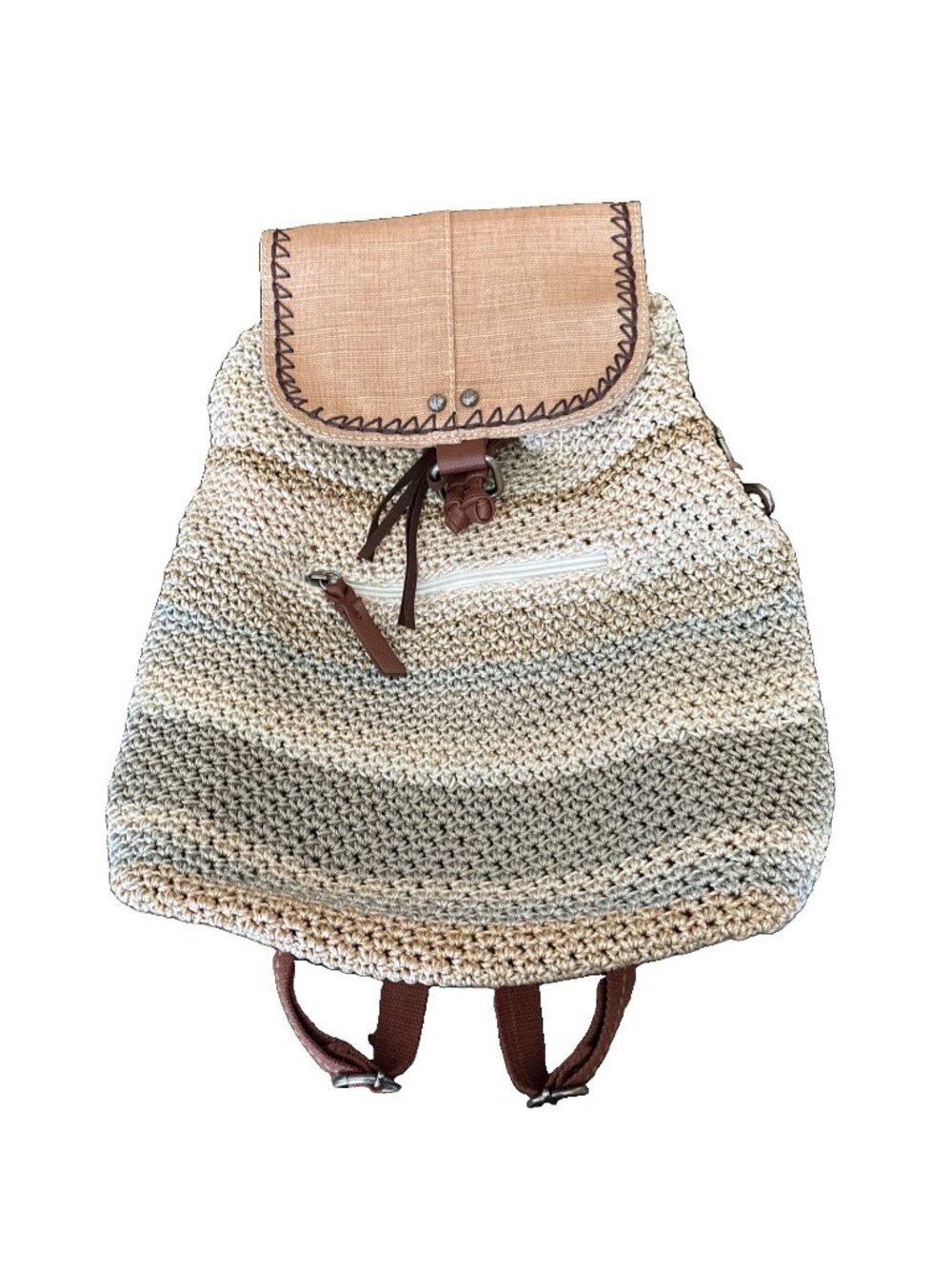 The Sak Crochet Backpack Beige Tan Canvas Flap Tassel Boho Bag 12x15”-READ